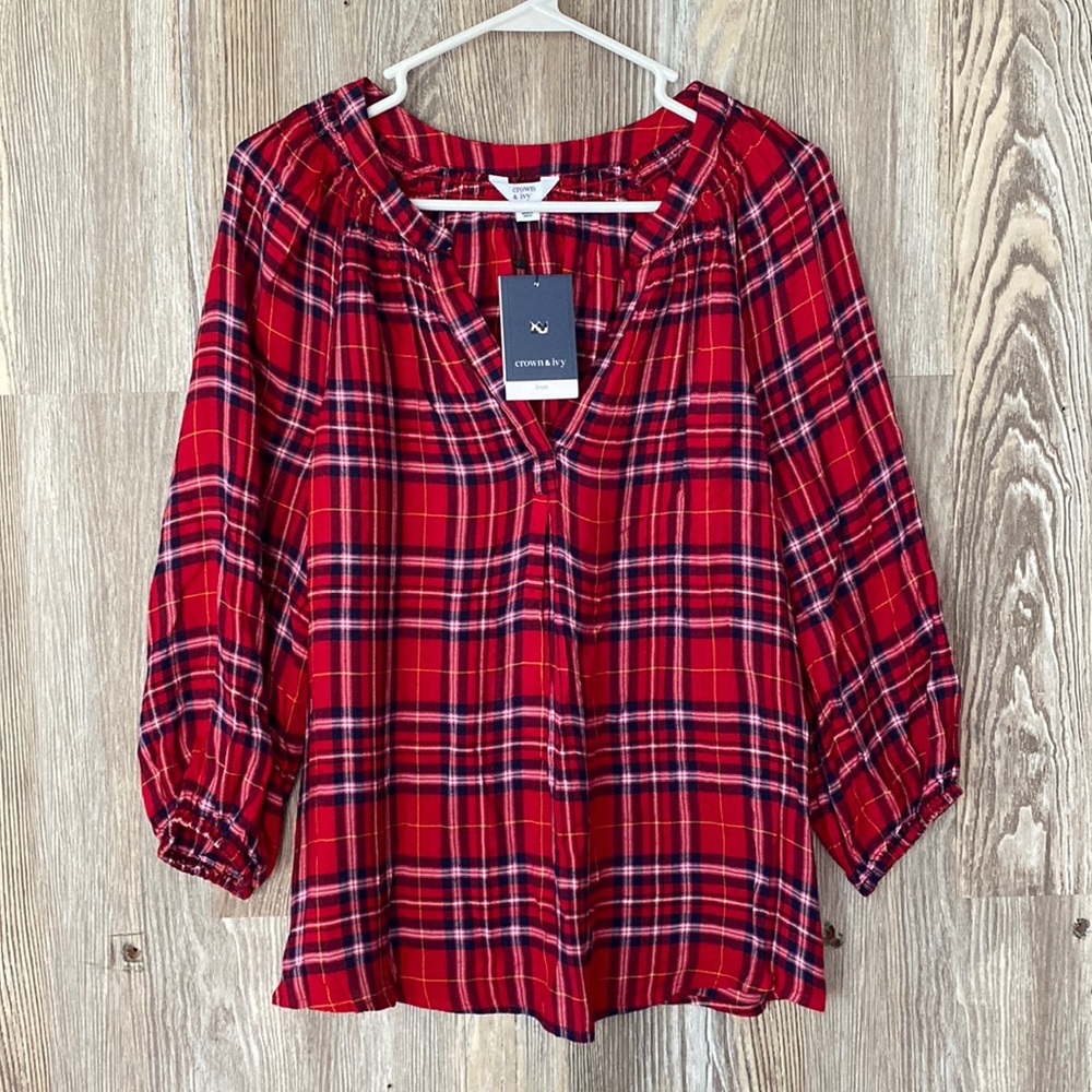 Crown & ivy v-neck plaid peasant blouse, M